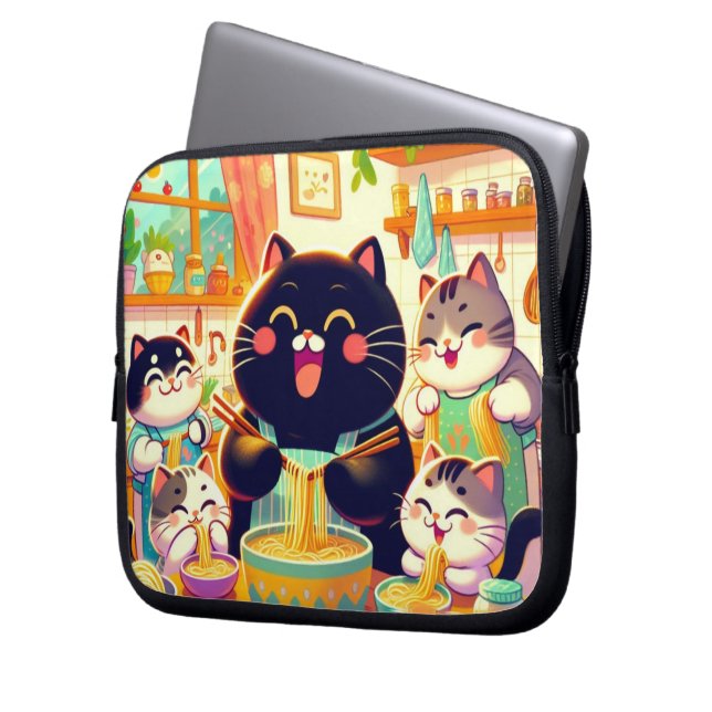 Cat eating Noodles soup and friends Laptop Sleeve (Front Left)