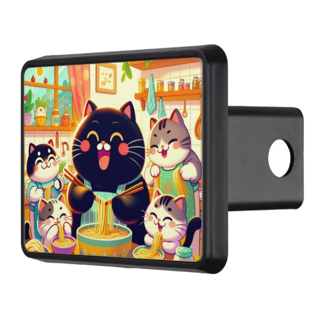 Cat eating Noodles with friendsTrailer Hitch Cover (Left)
