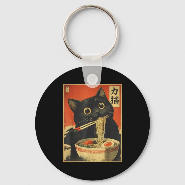 Cat Eating Ramen Funny Japanese Kawaii Cat Anime L Keychain (Front)