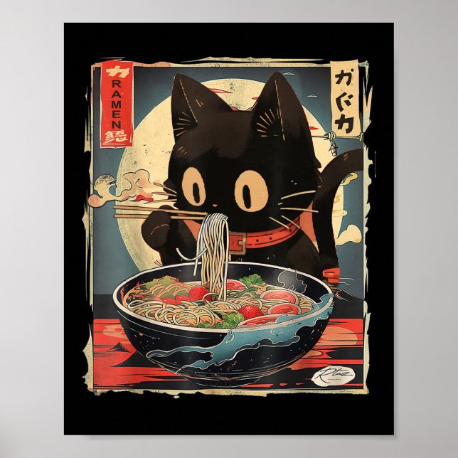 Cat Eating Ramen Noodle Funny Japanese Kawaii Anim Poster (Front)