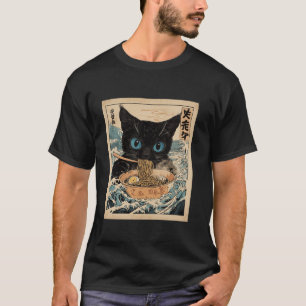 Cat Eating Ramen Noodle in Great Wave Funny Cat T-Shirt