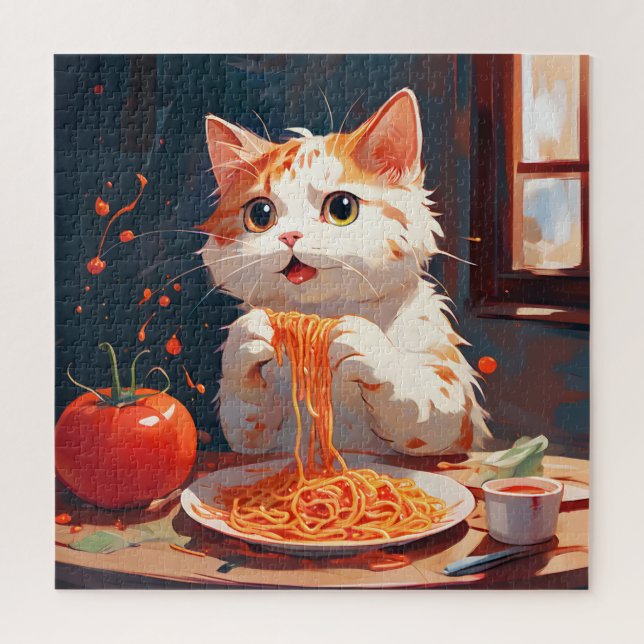 Cat eating spaghetti jigsaw puzzle (Vertical)