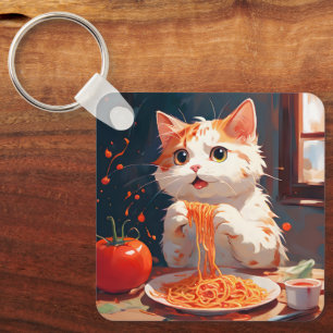 Cat eating spaghetti keychain