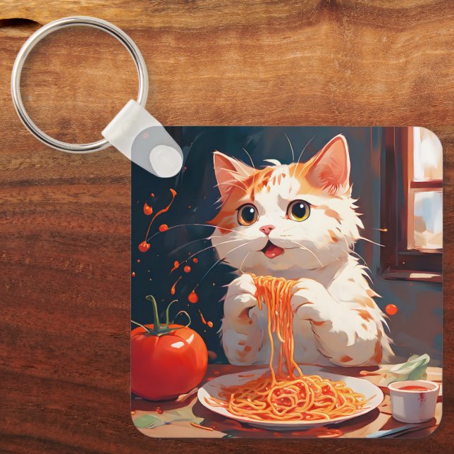Cat eating spaghetti keychain (Front)