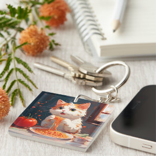 Cat eating spaghetti keychain