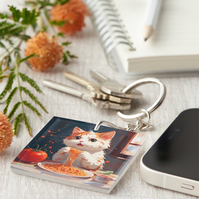Cat eating spaghetti keychain (Front Right)