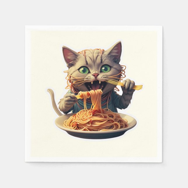 Cat Eating Spaghetti Napkin (Front)