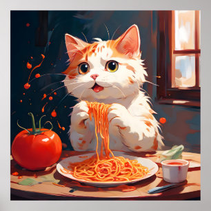 Cat eating spaghetti poster
