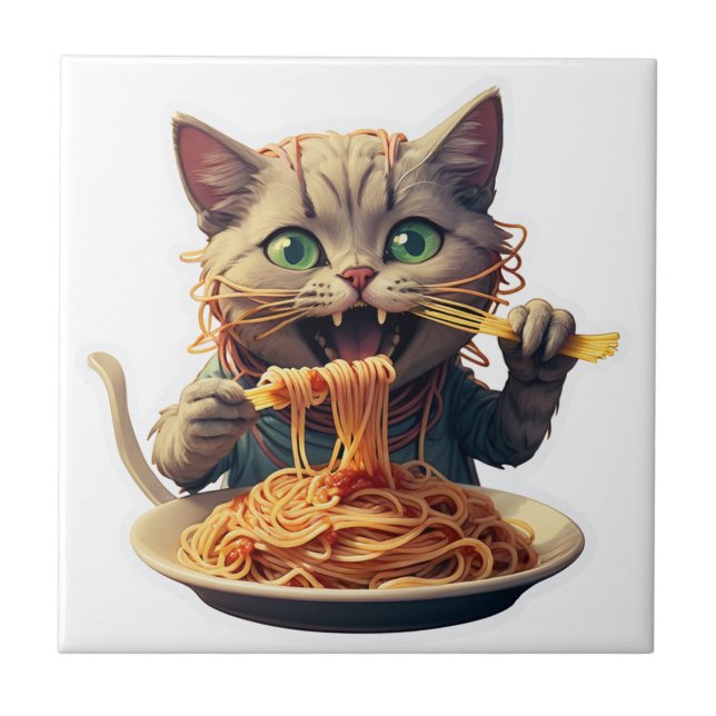 Cat Eating Spaghetti Tile (Front)