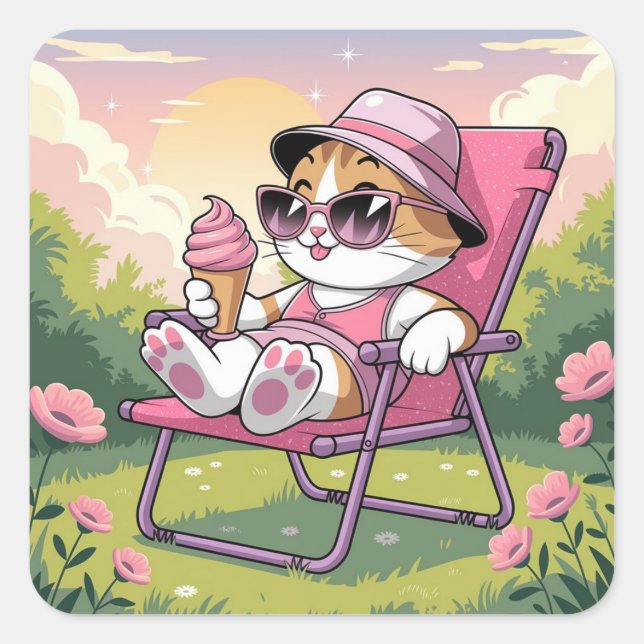 Cat eating summer ice-cream  square sticker (Front)