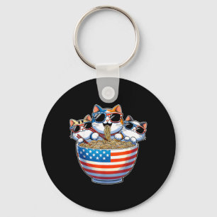 Cat Eating Sunglass Ramen Patriotic USA Flag 4th Keychain