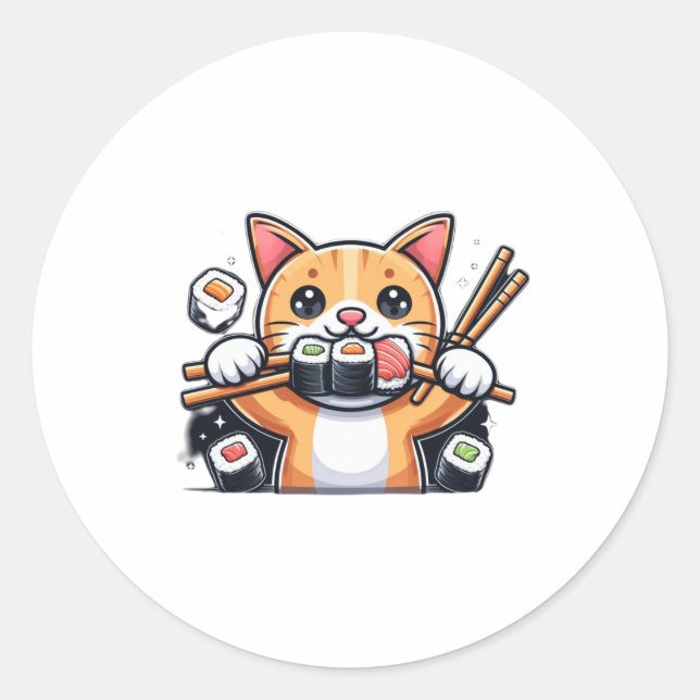 Cat eating sushi  1 classic round sticker (Front)