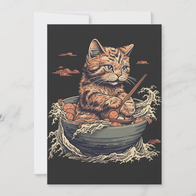 cat eats Ramen, Wave of Kanawaga Holiday Card (Front)