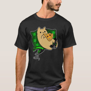 Cat Eatting Pizza And Chilling On Green Pillow T-Shirt