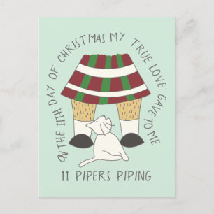 Cat Eleventh Day 11 Pipers Piping Christmas Postcard