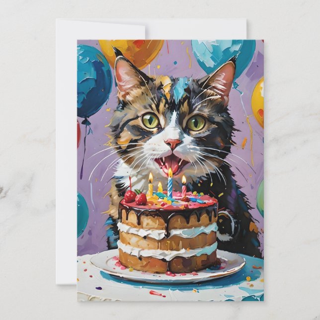 Cat Enjoying Birthday Cake Acrylic Art, Invitation (Front)