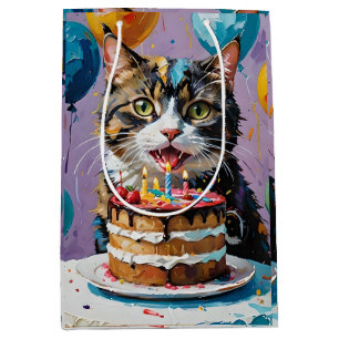 Cat Enjoying Birthday Cake Acrylic Art, Medium Gift Bag