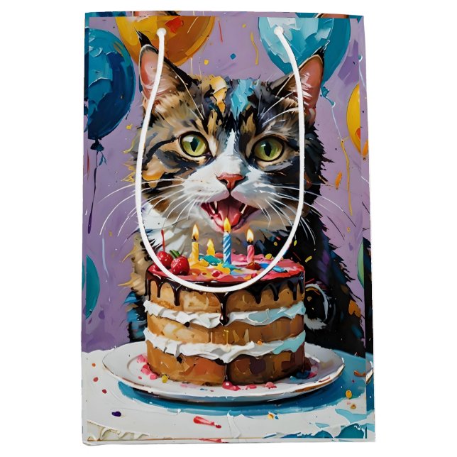 Cat Enjoying Birthday Cake Acrylic Art, Medium Gift Bag (Front)