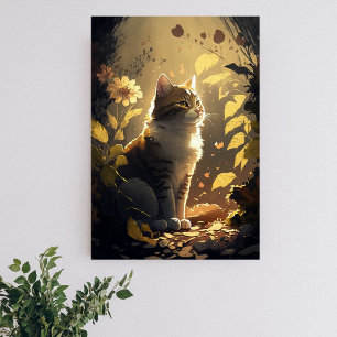 Cat Enjoying the Sunshine in a Garden of Flowers  Poster