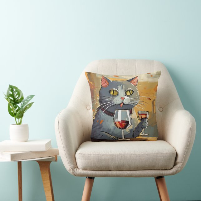 Cat Enjoying Wine Pillow! Throw Pillow (Chair)
