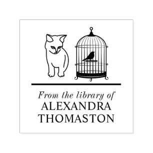 Cat Eying Bird in Cage Library Book Name Self-inking Stamp