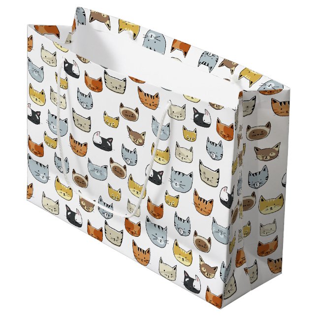 Cat Face Doodle Pattern Large Gift Bag (Front Angled)