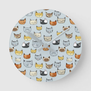 Cat Face Doodle Pattern Round Clock