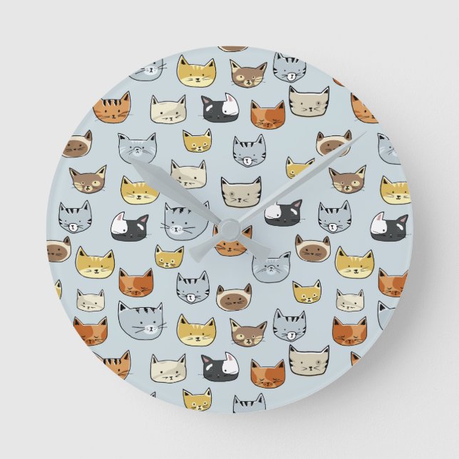 Cat Face Doodle Pattern Round Clock (Front)