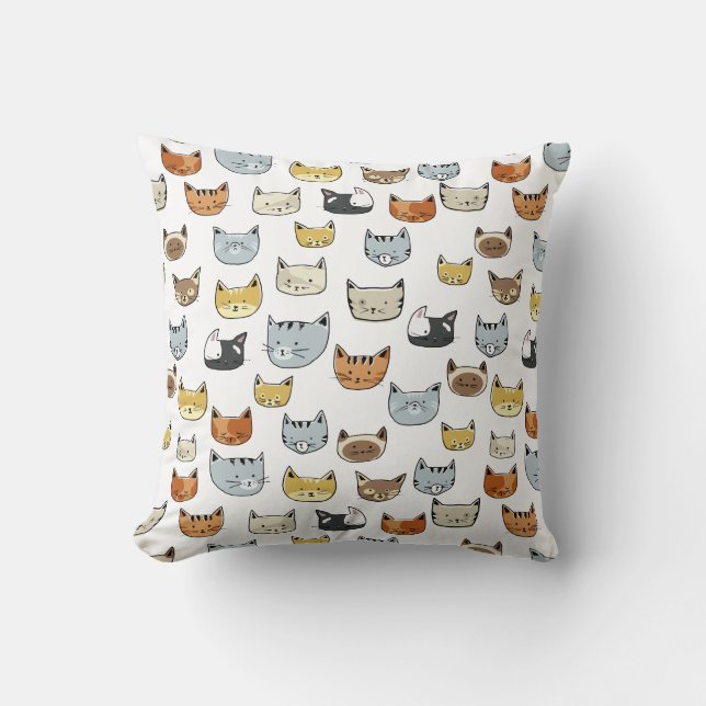 Cat Face Doodle Pattern Throw Pillow (Front)