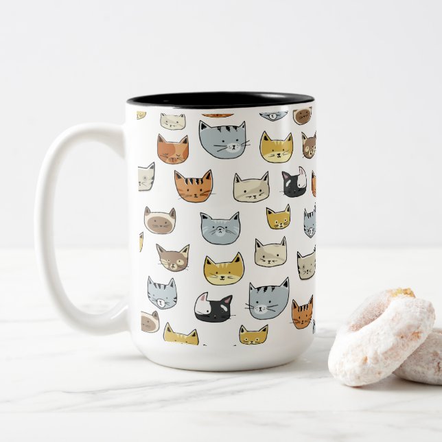 Cat Face Doodle Pattern Two-Tone Coffee Mug (With Donut)