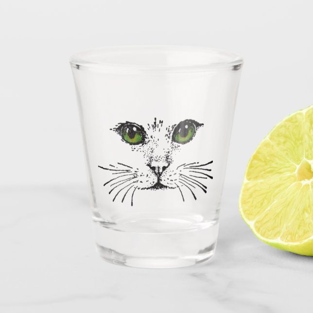 Cat Face Drawing With Green Yellow Eyes Whiskers Shot Glass (Front)