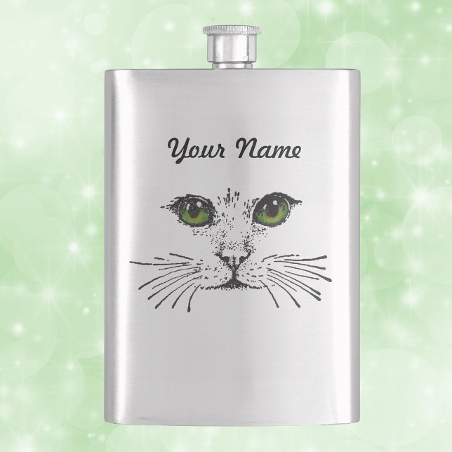 Cat Face Green Eyes Whiskers Hip Flask (Illustration in black of cat face long whiskers green eyes on a drinking flask.)