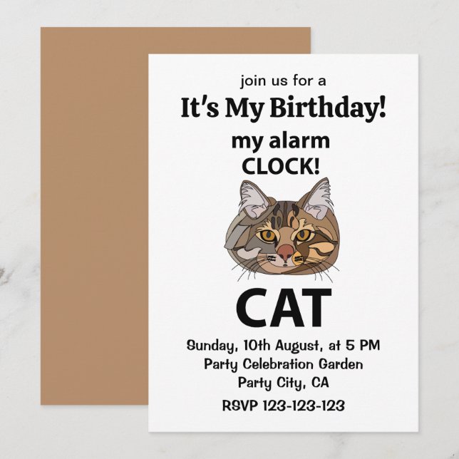 Cat Face My Alarm Clock Tabby Cat Birthday Invitation (Front/Back)