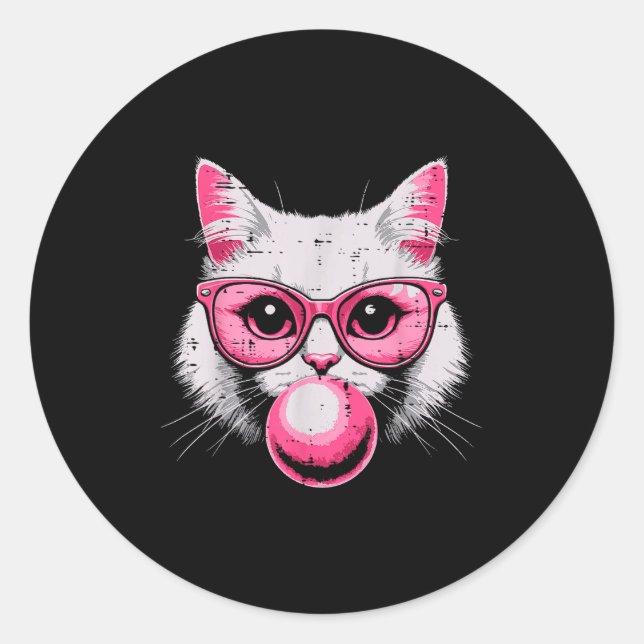 Cat Face Nk Gles Bubble Gum Cute Kitty Women Girls Classic Round Sticker (Front)