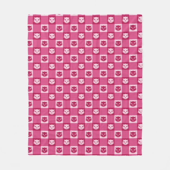 Cat Face Pink Gingham Pattern Cute Fleece Blanket (Front)