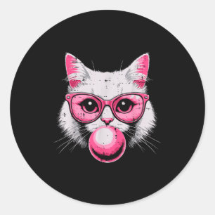 Cat Face Pink Gles Bubble Gum Cute Kitty Women Gir Classic Round Sticker