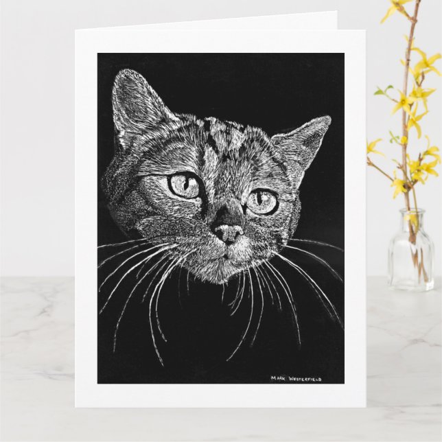 Cat Face Scratch Board Drawing card   (Yellow Flower)