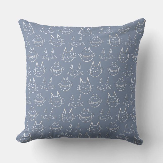 Cat Faces Denim Blue Throw Pillow (Front)