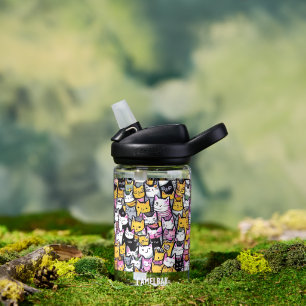 Cat faces doodle pattern comic kitties cute feline water bottle