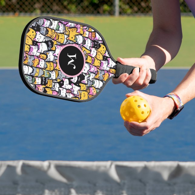 Cat faces doodle pattern feline pets monogram fun pickleball paddle (Insitu)