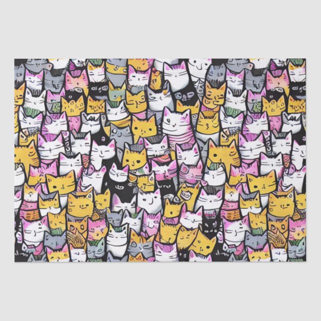 Cat faces doodle print collage cute kitties feline tissue paper (Front)