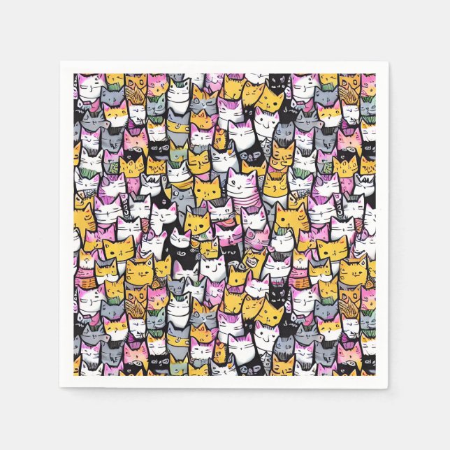 Cat faces doodle print collage kitties feline pets napkin (Front)