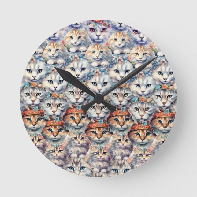 Cat faces Hexagon Pattern Round Clock (Front)