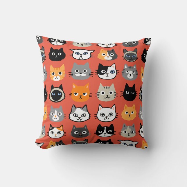 Cat Faces Pattern | Cool Kitty Cat Lover's Throw Pillow (Front)