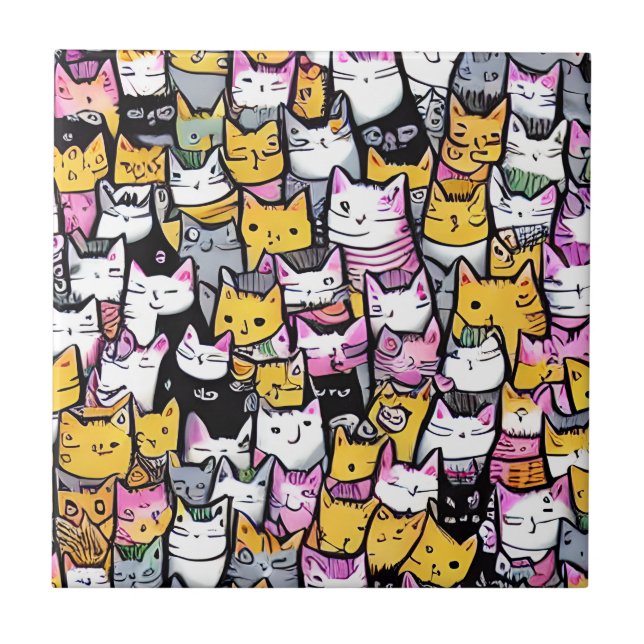 Cat faces pattern doodle print feline kitties fun tile (Front)