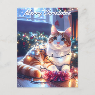 Cat & Fairy Lights Christmas Postcard