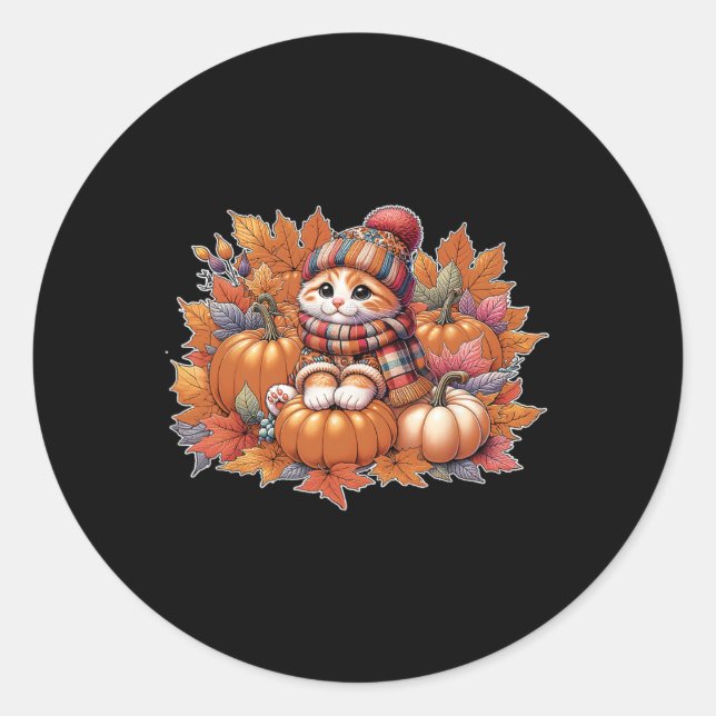 Cat-fall-leaves-hello-autumn-cat-kitten-lover-than Classic Round Sticker (Front)