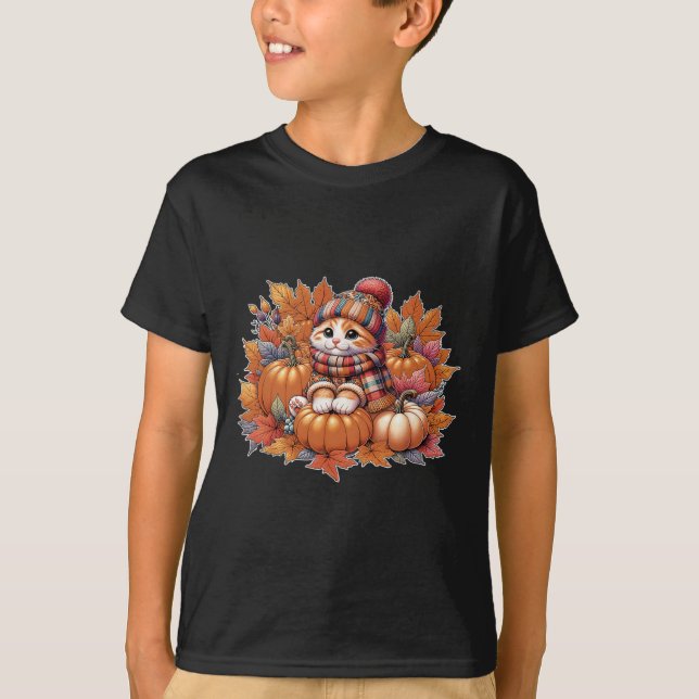 Cat-fall-leaves-hello-autumn-cat-kitten-lover-than T-Shirt (Front)