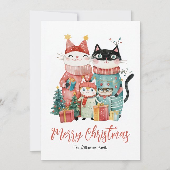 Cat Family at Christmas Holiday Card (Front)