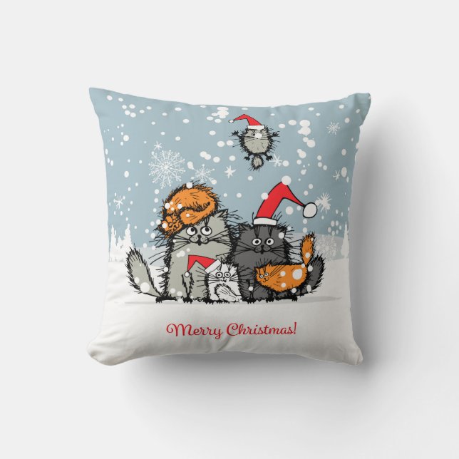 Cat Family Portrait in the Snow Christmas Throw Pillow (Front)